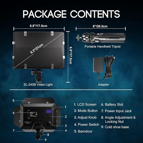 Mettlelite SL240B LED Video Light with Barndoor & Mini Tripod, Ultra Bright Bi-Color Panel, Dimmable 3200K-5600K CRI 95+, Portable Studio Lighting Kit for Photography, Video & Live Streaming in Kuwait