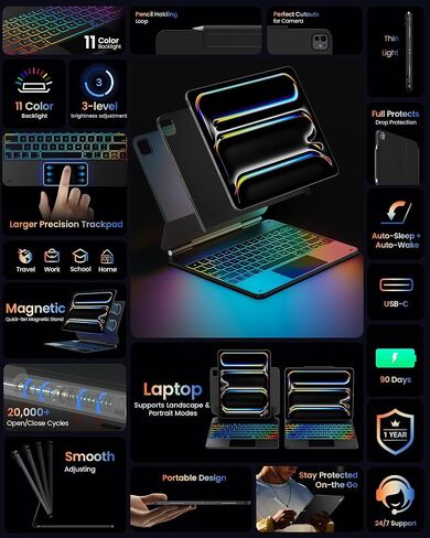 typecase Edge+ Keyboard Case for iPad Pro 13-inch (M5/M4) 2025/2024,Black Keyboard with Litchi Grain Protective Case,Portrait & Typing Modes,Built-in Trackpad,11-Color Backlight,Magnetic Stand in Saudi Arabia