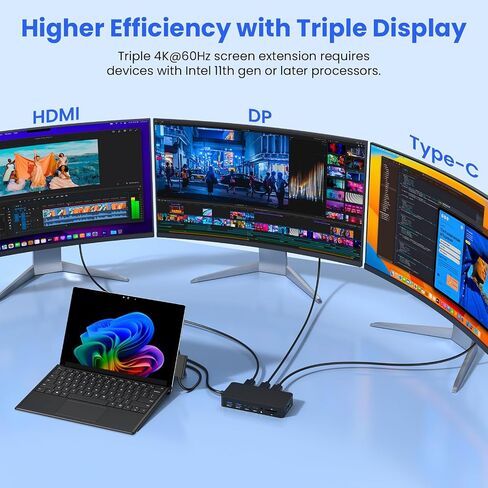 Surface Docking Station, 4K@60Hz Triple Display via HDMI, DP & USB C, 12-in-1 with 120W Power Adapter for Surface Laptop 5/4/3 & Surface Pro 11/10/9/8/7/X, Surface Go/Book in Kuwait