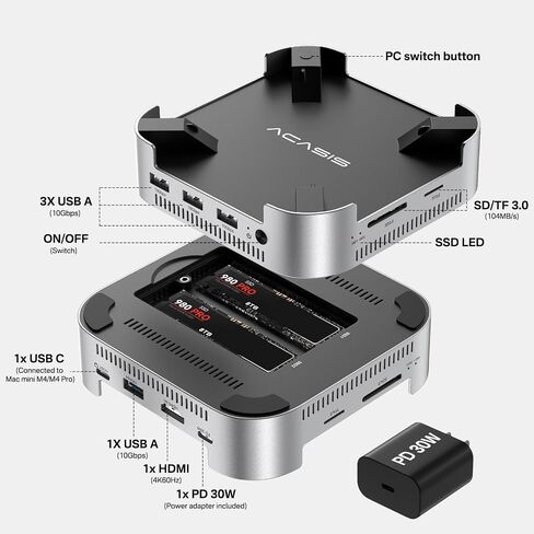 ACASIS Used Mac mini M4 Dock & Stand with Dual-Bay NVMe SSD Enclosure, Aluminum HDMI Hub for Mac mini M4 and M4 Pro 2024, 4K60Hz HDMI,4 X 10G USB A, PD 30W in Kuwait