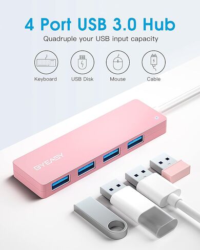 BYEASY USB Hub,USB Splitter for Laptop, USB 3.0 Hub,Multi USB Port Expander,Fast Data Transfer 4 Port USB Hub Compatible with Windows PC, Mac, Printer, Mobile HDD in Kuwait