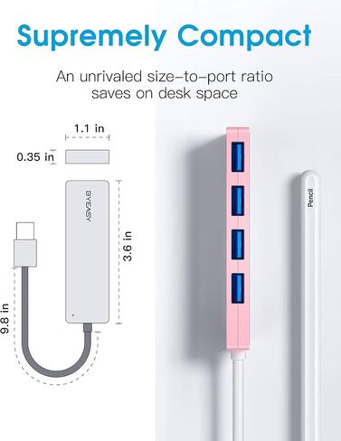 BYEASY USB Hub,USB Splitter for Laptop, USB 3.0 Hub,Multi USB Port Expander,Fast Data Transfer 4 Port USB Hub Compatible with Windows PC, Mac, Printer, Mobile HDD in Kuwait