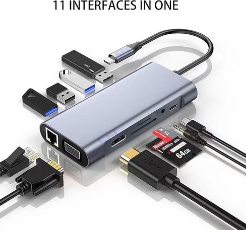 xingbaichen11-in-1 USB C Hub & Adapter - 4K, Type C PD, USB 3.0, RJ45 Ethernet, SD/TF Card Reader, 3.5mm AUX - Versatile Docking Station for MacBook Pro/Air & Other Type C Laptops (11in1) in Kuwait