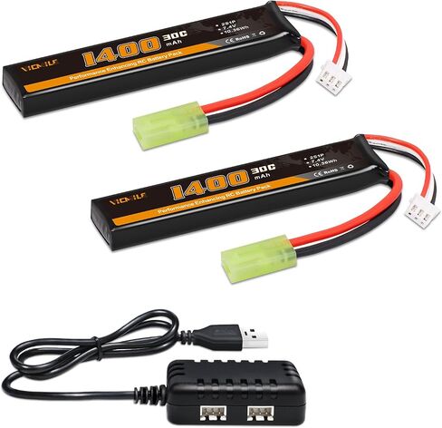2S Airsoft Battery 30C(Burst 60C) 7.4V 1400mAh Mini Tamiya Plug with 7.4V 1TO2 USB Charger Fit for Most Airsoft Model Guns Gel Water Bead Blaster 2PACK in Kuwait
