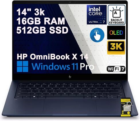 HP OmniBook X 14 Laptop (Previously Elitebook X) 14" 3k OLED 120Hz Touch Intel 8-core Ultra 7 355 (49 AI Tops) 16GB RAM 1TB SSD Backlit for Creator Designer Business Professional Win11Pro ICP Hub in Kuwait