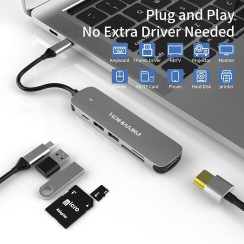 USB C Hub 6-in-1 Type C to HDMI Splitter with 4K 30Hz Multiport Dongle 100W PD Charging Docking Station SD/TF Card Reader for MacBook Air, MacBook Pro, XPS, Flash Drive, Mobile HDD in Kuwait