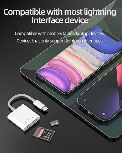 Lightning SD and Micro SD Card Reader Charger Adapter 3 in 1 for iPhone 14 13 12 Pro for ipad Memory Card Reader TF Compact Flash Camera Adapter Multiport Portable in Kuwait