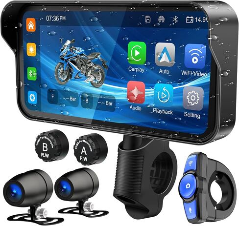 6.25" Motorcycle Carplay with HD Waterproof Touchscreen, Android Auto, TPMS, GPS Navigation System, Dash Cam, Remote Control, Loop Recording, Support Siri, Bluetooth in Kuwait