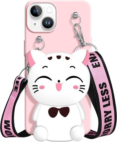 Wallet Case for iPhone 15 with Strap Lanyard Cute Cat Pink Coin Purse Funny Phone Case Kawaii Soft Silicone Shockproof Cover for Women Girls in Kuwait