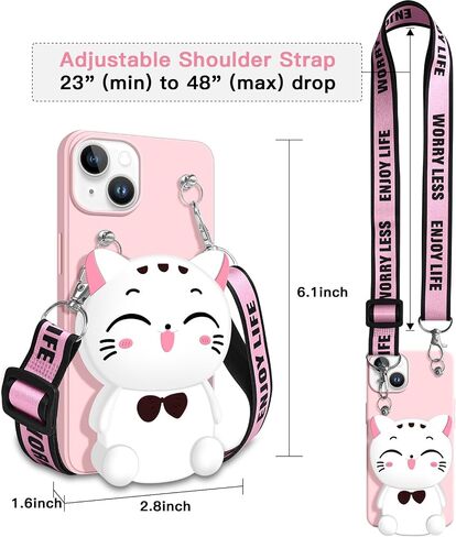Wallet Case for iPhone 15 with Strap Lanyard Cute Cat Pink Coin Purse Funny Phone Case Kawaii Soft Silicone Shockproof Cover for Women Girls in Kuwait