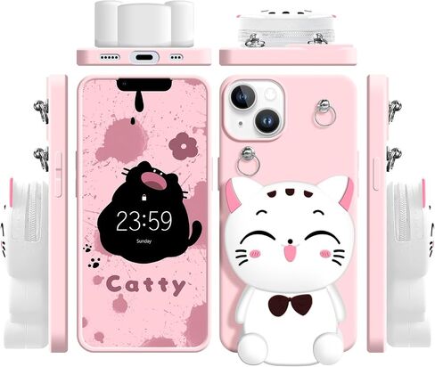 Wallet Case for iPhone 15 with Strap Lanyard Cute Cat Pink Coin Purse Funny Phone Case Kawaii Soft Silicone Shockproof Cover for Women Girls in Kuwait