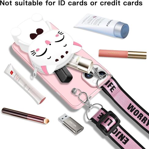 Wallet Case for iPhone 15 with Strap Lanyard Cute Cat Pink Coin Purse Funny Phone Case Kawaii Soft Silicone Shockproof Cover for Women Girls in Kuwait