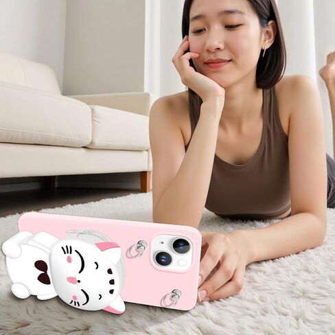 Wallet Case for iPhone 15 with Strap Lanyard Cute Cat Pink Coin Purse Funny Phone Case Kawaii Soft Silicone Shockproof Cover for Women Girls in Kuwait