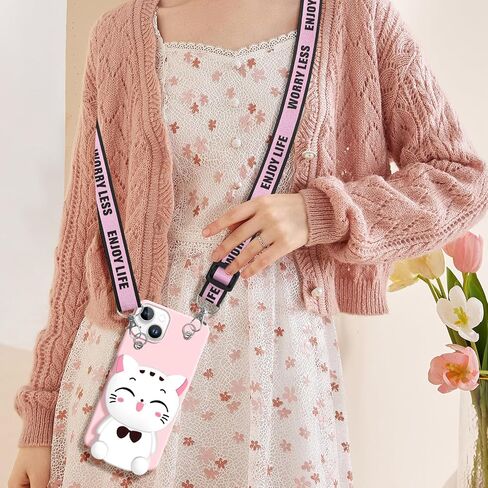 Wallet Case for iPhone 15 with Strap Lanyard Cute Cat Pink Coin Purse Funny Phone Case Kawaii Soft Silicone Shockproof Cover for Women Girls in Kuwait