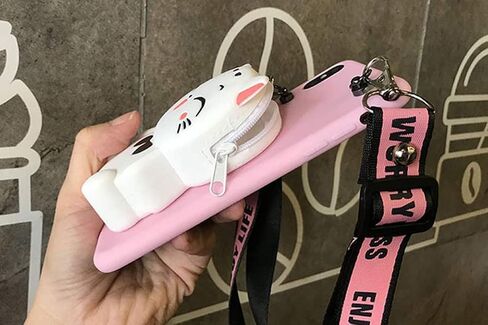 Wallet Case for iPhone 15 with Strap Lanyard Cute Cat Pink Coin Purse Funny Phone Case Kawaii Soft Silicone Shockproof Cover for Women Girls in Kuwait