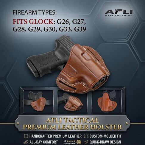 Leather OWB Holster for Glock 26 - Leather Holsters for Glock 30 - Fits G26, G27, G28, G29, G30, G33, G39 - Pancake Holster for Glock 27 - Concealed Carry Fast Draw - G26 OWB Holsters in Kuwait