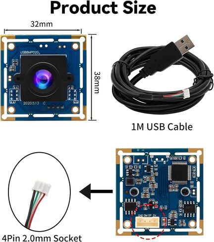 8MP USB Camera Module, Webcam Board with 90-Degree No Distortion Lens in Kuwait
