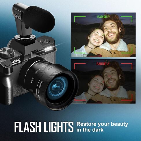 4K Digital Cameras for Photography 48MP Video Vlogging Camera for YouTube with 3" 180° Flip Screen WiFi, 16X Digital Zoom Cameras with 32GB TF Card Wide-Angle & Macro Lens (Light Black) in Saudi Arabia
