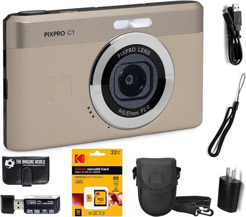 Kodak PIXPRO C1 Compact Digital Camera Tan 13MP Compact Point and Shoot with 2.8" 180° Tilt LCD Flip Screen, 4X Zoom and 1080P Full HD Video for Travel, Vlogging + Case, 32GB Card and Reader Bundle in Saudi Arabia