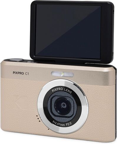 Kodak PIXPRO C1 Compact Digital Camera Tan 13MP Compact Point and Shoot with 2.8" 180° Tilt LCD Flip Screen, 4X Zoom and 1080P Full HD Video for Travel, Vlogging + Case, 32GB Card and Reader Bundle in Saudi Arabia