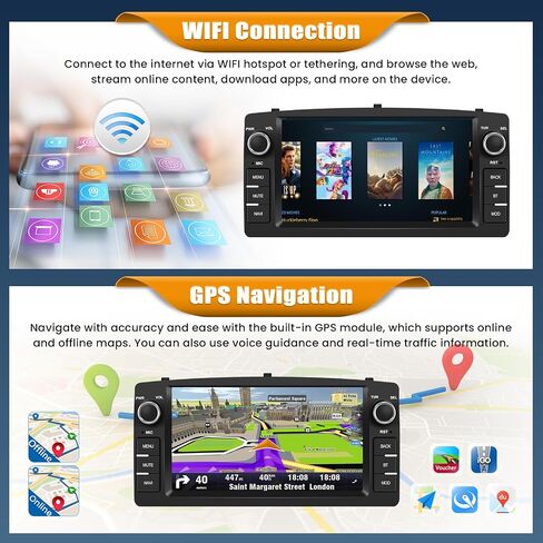 [4+64G] Android 15 Car Radio Stereo for Toyota Corolla E120 E130 2000-2008 with Wireless Carplay&Android Auto,7 Inch Touchscreen Car Radio with Mirror Link,WiFi,GPS,BT,FM/RDS,SWC,EQ in Kuwait