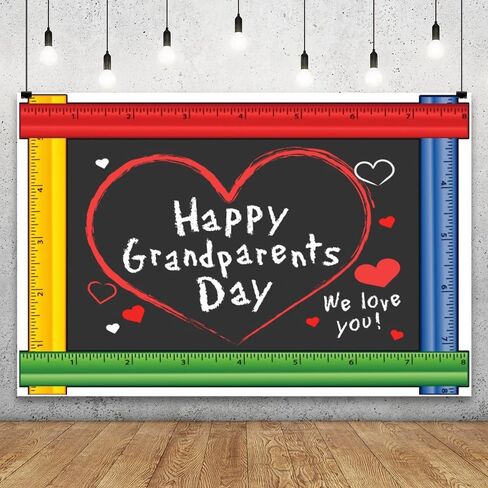 Leowefowa Happy Grandparents Day Photography Backdrop 10x8ft Black Board Rulers Red Love Heart We Love You Background for Grandma Grandpa Party Decoration Banner Photo Shoot Prop Polyester in Kuwait