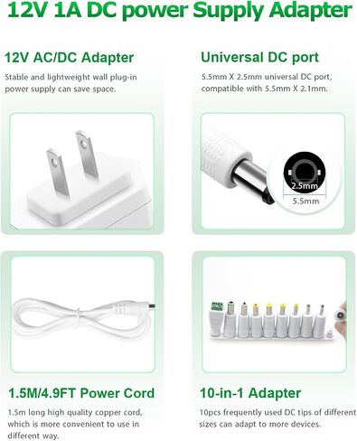 12V 1A Power Supply AC Adapter AC 100V-240V to DC 12V Power Cord 1Amp 4.9FT in Kuwait