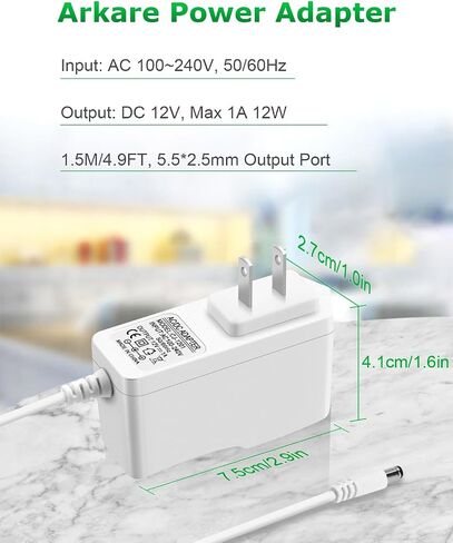 12V 1A Power Supply AC Adapter AC 100V-240V to DC 12V Power Cord 1Amp 4.9FT in Kuwait