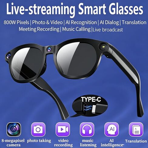 AI Smart Glasses with Camera, Smart Sunglasses 4K Video Recording & Photo Capture, Bluetooth 5.4 Music Play Phone Call, Real-Time Translation, AI Assistant, Open-Ear Audio in Saudi Arabia