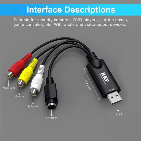 Kkf USB 2.0 Video Capture Card for Streaming – VHS to Digital Converter, with Audio Transfer Grabber, Digitize Video DSLR DVD PS3 PS4 Camera Adapter, for Mac, PC or Notebook (IU037B-2) in Saudi Arabia