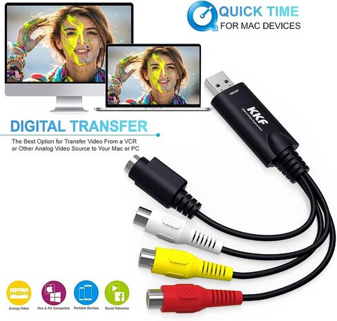 Kkf USB 2.0 Video Capture Card for Streaming – VHS to Digital Converter, with Audio Transfer Grabber, Digitize Video DSLR DVD PS3 PS4 Camera Adapter, for Mac, PC or Notebook (IU037B-2) in Saudi Arabia