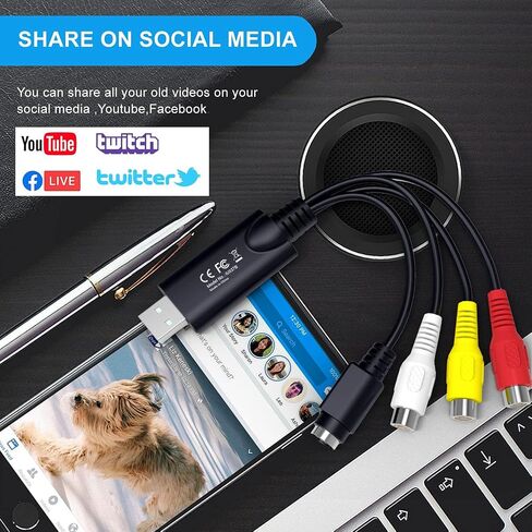 Kkf USB 2.0 Video Capture Card for Streaming – VHS to Digital Converter, with Audio Transfer Grabber, Digitize Video DSLR DVD PS3 PS4 Camera Adapter, for Mac, PC or Notebook (IU037B-2) in Saudi Arabia