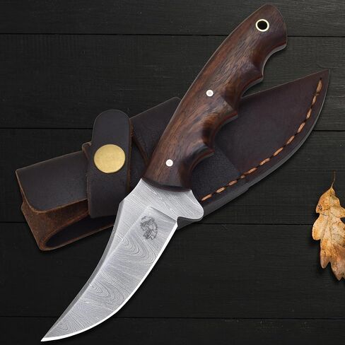Knives Ranch Handmade Hunting Knife – Damascus Steel Skinning Blade – Full Tang – Rosewood Handle – Horizontal/Vertical Leather Sheath – Fixed Blade EDC Tool in Saudi Arabia