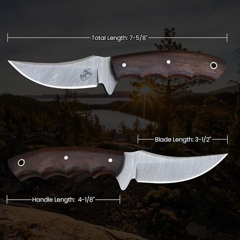 Knives Ranch Handmade Hunting Knife – Damascus Steel Skinning Blade – Full Tang – Rosewood Handle – Horizontal/Vertical Leather Sheath – Fixed Blade EDC Tool in Saudi Arabia