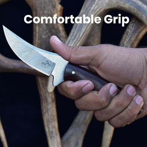 Knives Ranch Handmade Hunting Knife – Damascus Steel Skinning Blade – Full Tang – Rosewood Handle – Horizontal/Vertical Leather Sheath – Fixed Blade EDC Tool in Saudi Arabia