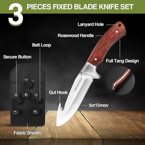 Swiss+Tech 3-Piece Hunting Knife Set Full Tang Bowie Gut Hook with Sheath in Kuwait