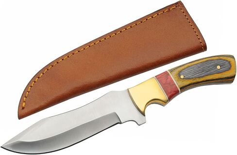 SZCO Full Tang Upsweep Hunting Knife 9.5 Inch - Pocket Knife with Stainless Steel Blade, Red Amber Wooden/Brass Handle & Leather Sheath - Camping Knife for hunting - Skinning knife for Men in Saudi Arabia