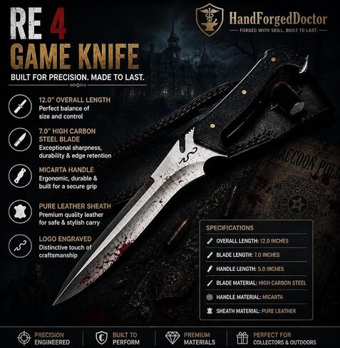 RE4 Jack Krauser Knife Replica – Handmade 5160 Spring Steel Hunting & Tactical Knife – Micarta Handle with Leather Sheath – Gift for Gamers & Knife Collectors in Kuwait