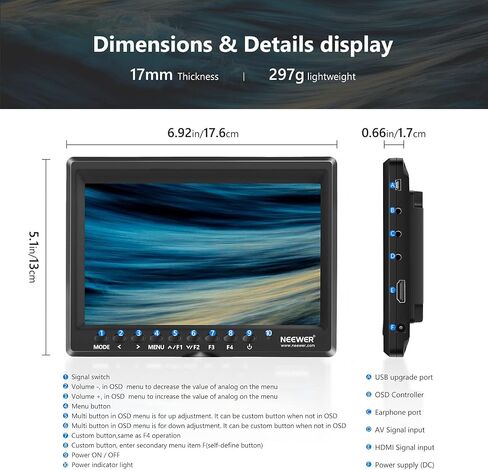 NEEWER F100 7" Camera Field Monitor Updated Version, 450nit HD Video Assist IPS 1280x800 HDMI 1080p Peak Focus Histogram, F750 Battery, 360° Ball Head for DSLRs Handheld Stabilizer Film Making Rig in Kuwait