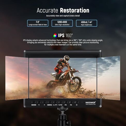 NEEWER F100 7" Camera Field Monitor Updated Version, 450nit HD Video Assist IPS 1280x800 HDMI 1080p Peak Focus Histogram, F750 Battery, 360° Ball Head for DSLRs Handheld Stabilizer Film Making Rig in Kuwait