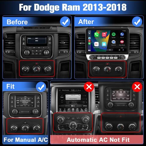 Android 15 Car Radio for Dodge Ram 2013-2019 1500 2500 3500, 10.1 Inch Stereo with Keys and knobs, 2GB+64GB, Wireless CarPlay Android Auto GPS FM WiFi SWC (Only fit Manual AC) in Kuwait