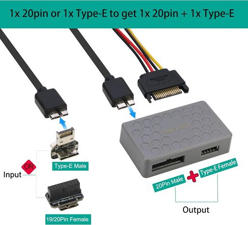 RIITOP USB Type-E + 20Pin Internal HUB, 20Pin Header or Type-E (A-Key) Input to 20Pin Male + Type-E Female Dual Output Extending Front Panel for PC [5Gbps] in Kuwait