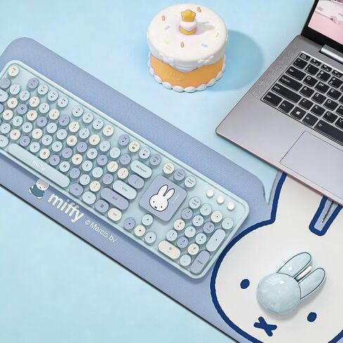 مجموعة لوحة مفاتيح وماوس لاسلكية مكونة من 104 مفاتيح من Miffy مع لوحة مكتب كبيرة باللون الأزرق الفاتح - ملحقات كمبيوتر مريحة للمكتب/المنزل، تصميم Kawaii لطيف - أزرق فاتح in Saudi Arabia