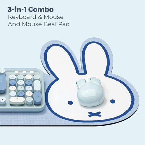 مجموعة لوحة مفاتيح وماوس لاسلكية مكونة من 104 مفاتيح من Miffy مع لوحة مكتب كبيرة باللون الأزرق الفاتح - ملحقات كمبيوتر مريحة للمكتب/المنزل، تصميم Kawaii لطيف - أزرق فاتح in Saudi Arabia