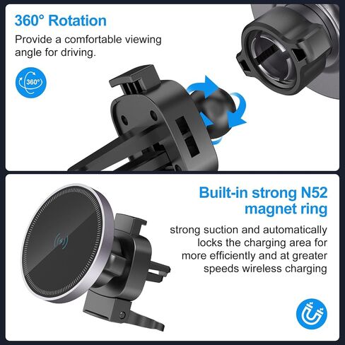Car Mount Charger-15W Fast Charging Wireless Car Charger-Magnetic Car Phone Holder for Dashboard Air Vent - Rotation 360° & HandsFree in Saudi Arabia