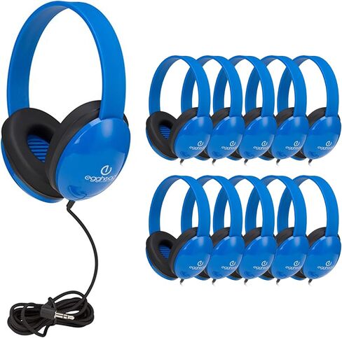 Egghead Heavy-Duty Kids' Headphones with Padded Ear Cups and 6' Cord, Adjustable Tangle-Free Plastic Classroom Headphones for Kids, Pack of 10, Blue in Kuwait