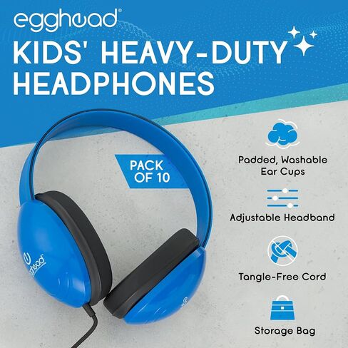 Egghead Heavy-Duty Kids' Headphones with Padded Ear Cups and 6' Cord, Adjustable Tangle-Free Plastic Classroom Headphones for Kids, Pack of 10, Blue in Kuwait
