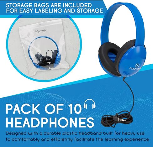 Egghead Heavy-Duty Kids' Headphones with Padded Ear Cups and 6' Cord, Adjustable Tangle-Free Plastic Classroom Headphones for Kids, Pack of 10, Blue in Kuwait