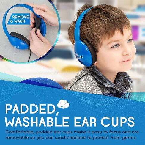 Egghead Heavy-Duty Kids' Headphones with Padded Ear Cups and 6' Cord, Adjustable Tangle-Free Plastic Classroom Headphones for Kids, Pack of 10, Blue in Kuwait