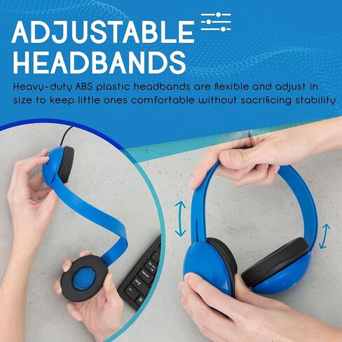 Egghead Heavy-Duty Kids' Headphones with Padded Ear Cups and 6' Cord, Adjustable Tangle-Free Plastic Classroom Headphones for Kids, Pack of 10, Blue in Kuwait